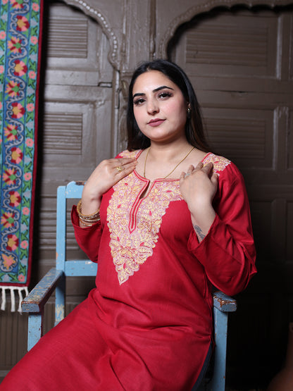 Red Multicolour Aari Embroidered Kashmiri Cotton Kurti