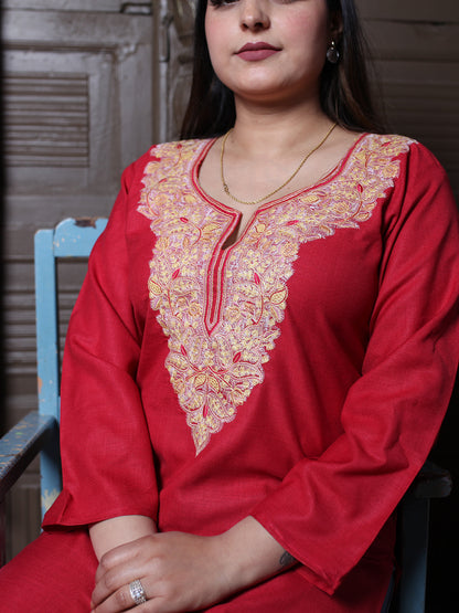 Red Multicolour Aari Embroidered Kashmiri Cotton Kurti