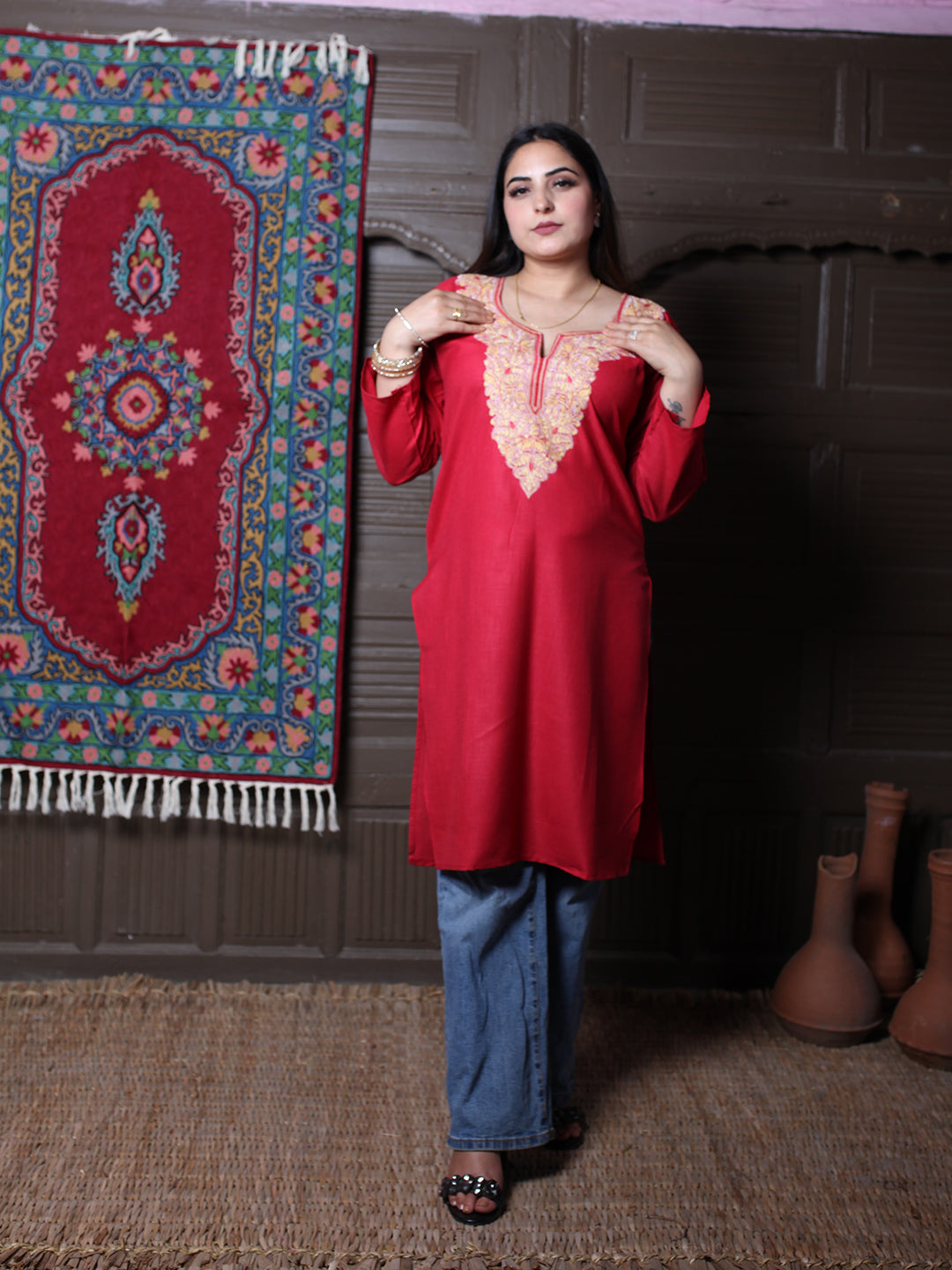 Red Multicolour Aari Embroidered Kashmiri Cotton Kurti