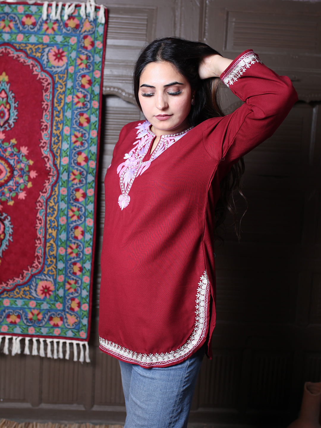 Dark Maroon Pink Aari Embroidered Kashmiri Cotton Top