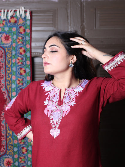 Dark Maroon Pink Aari Embroidered Kashmiri Cotton Top