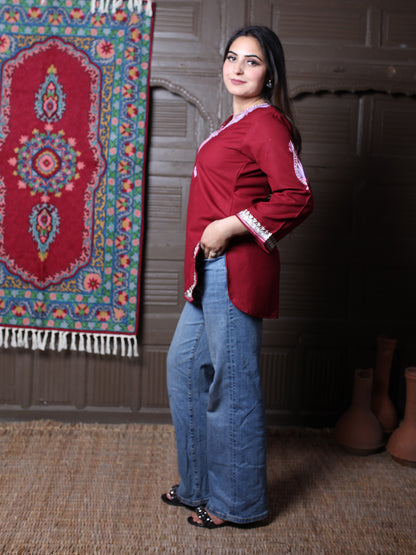 Dark Maroon Pink Aari Embroidered Kashmiri Cotton Top