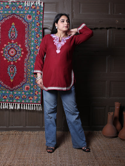 Dark Maroon Pink Aari Embroidered Kashmiri Cotton Top