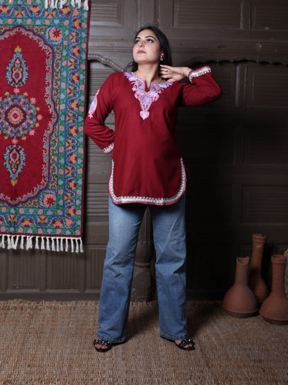 Dark Maroon Pink Aari Embroidered Kashmiri Cotton Top