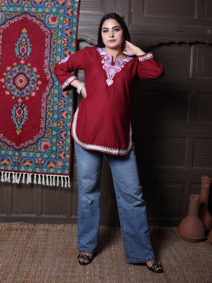 Dark Maroon Pink Aari Embroidered Kashmiri Cotton Top