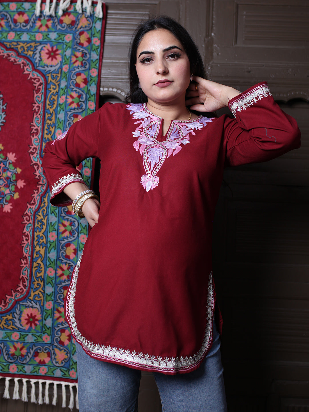 Dark Maroon Pink Aari Embroidered Kashmiri Cotton Top