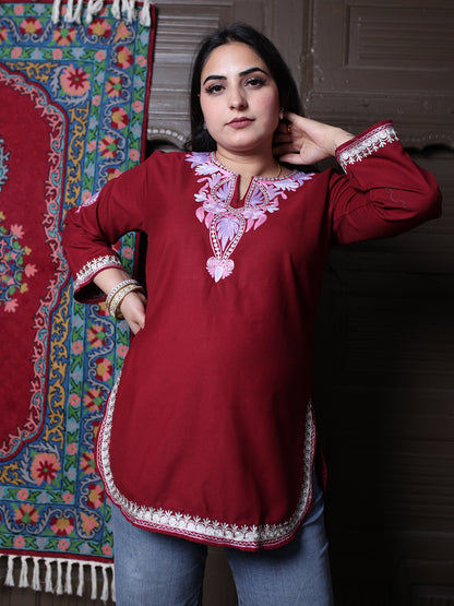Dark Maroon Pink Aari Embroidered Kashmiri Cotton Top