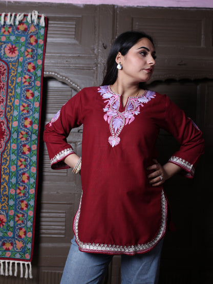 Dark Maroon Pink Aari Embroidered Kashmiri Cotton Top