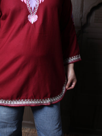 Dark Maroon Pink Aari Embroidered Kashmiri Cotton Top