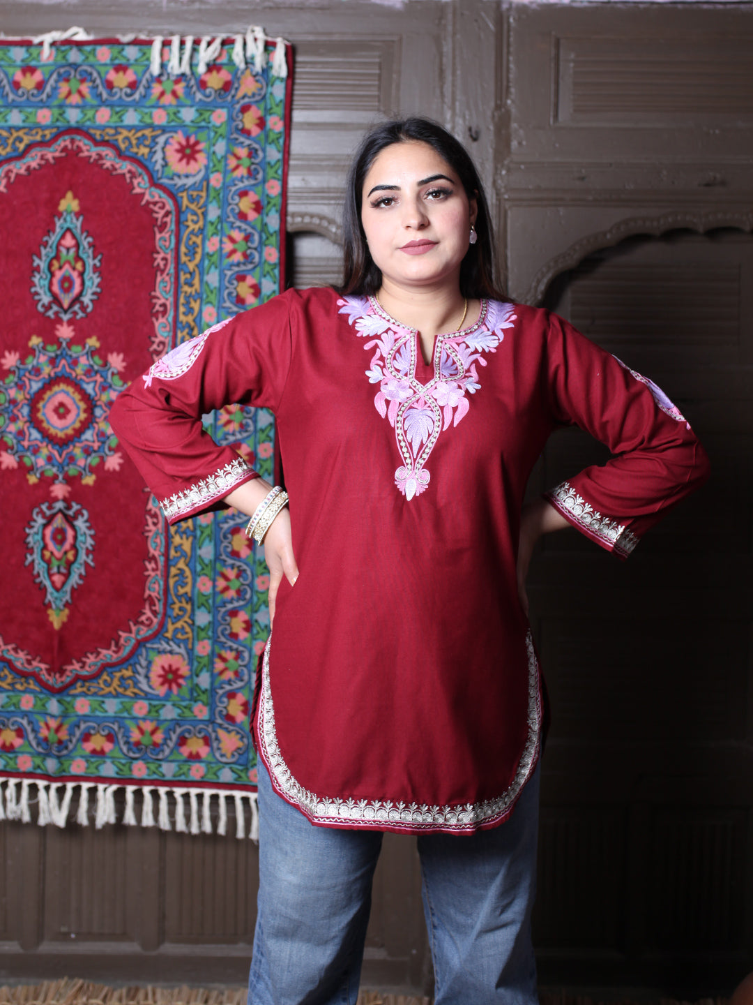 Dark Maroon Pink Aari Embroidered Kashmiri Cotton Top