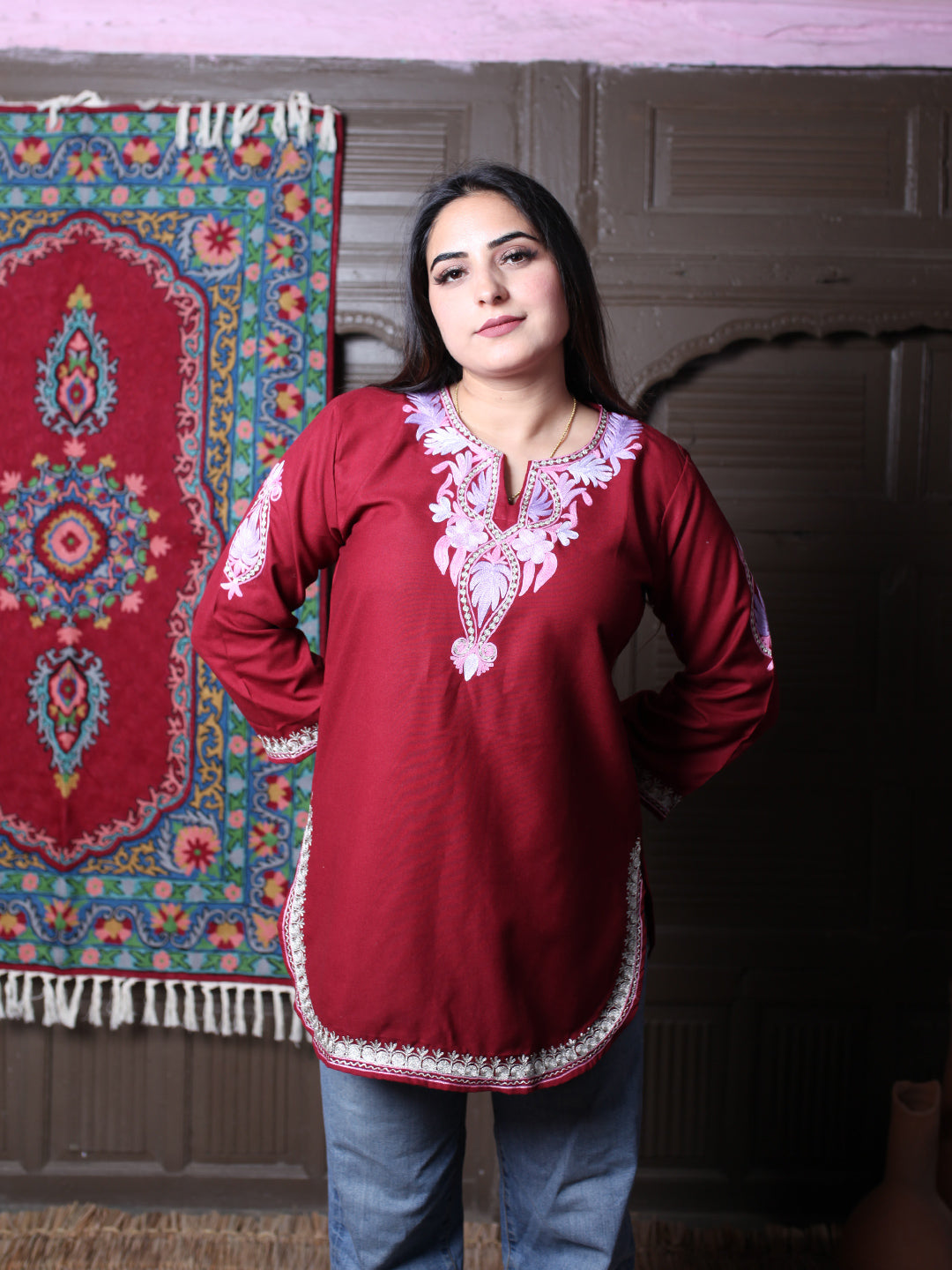 Dark Maroon Pink Aari Embroidered Kashmiri Cotton Top