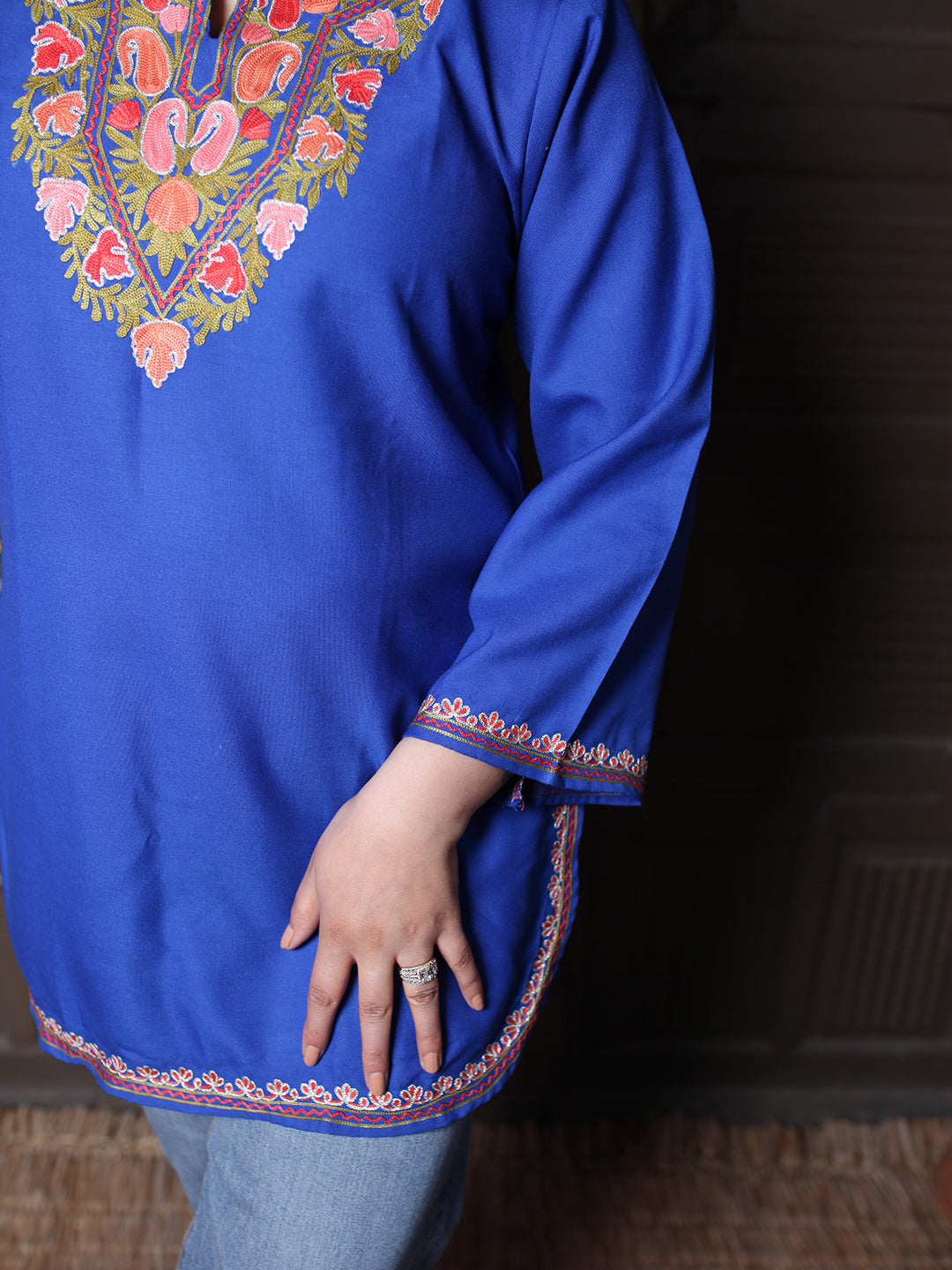 Royal Blue Paisley Aari Embroidered Kashmiri Silk Top