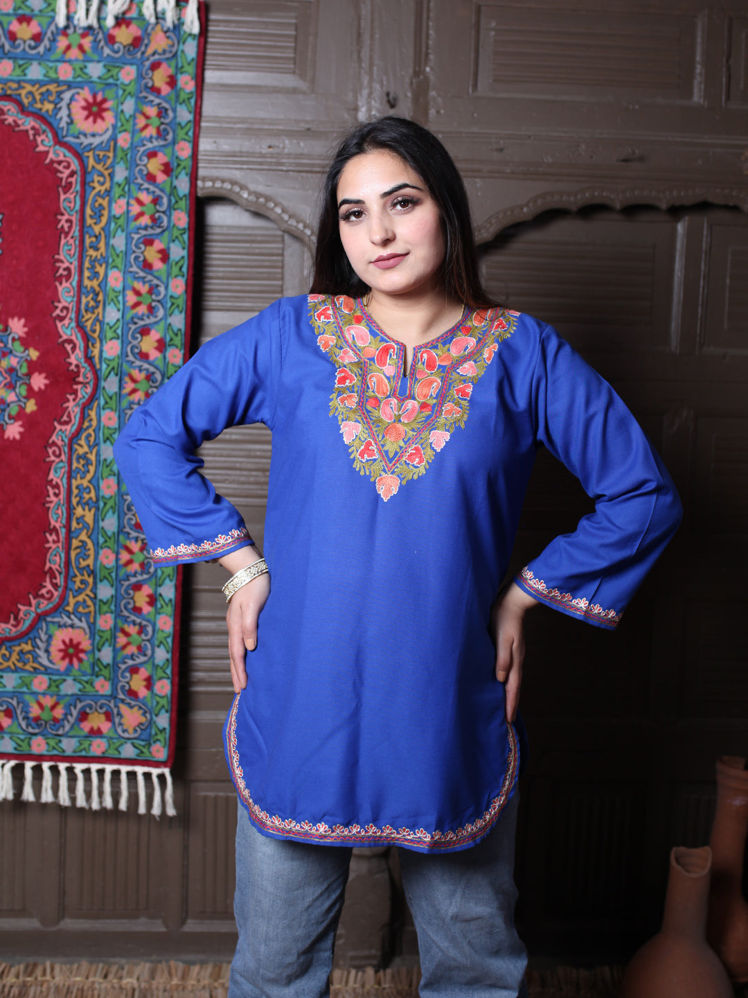 Royal Blue Paisley Aari Embroidered Kashmiri Silk Top