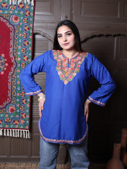 Royal Blue Paisley Aari Embroidered Kashmiri Silk Top