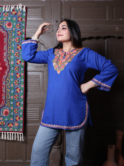 Royal Blue Paisley Aari Embroidered Kashmiri Silk Top