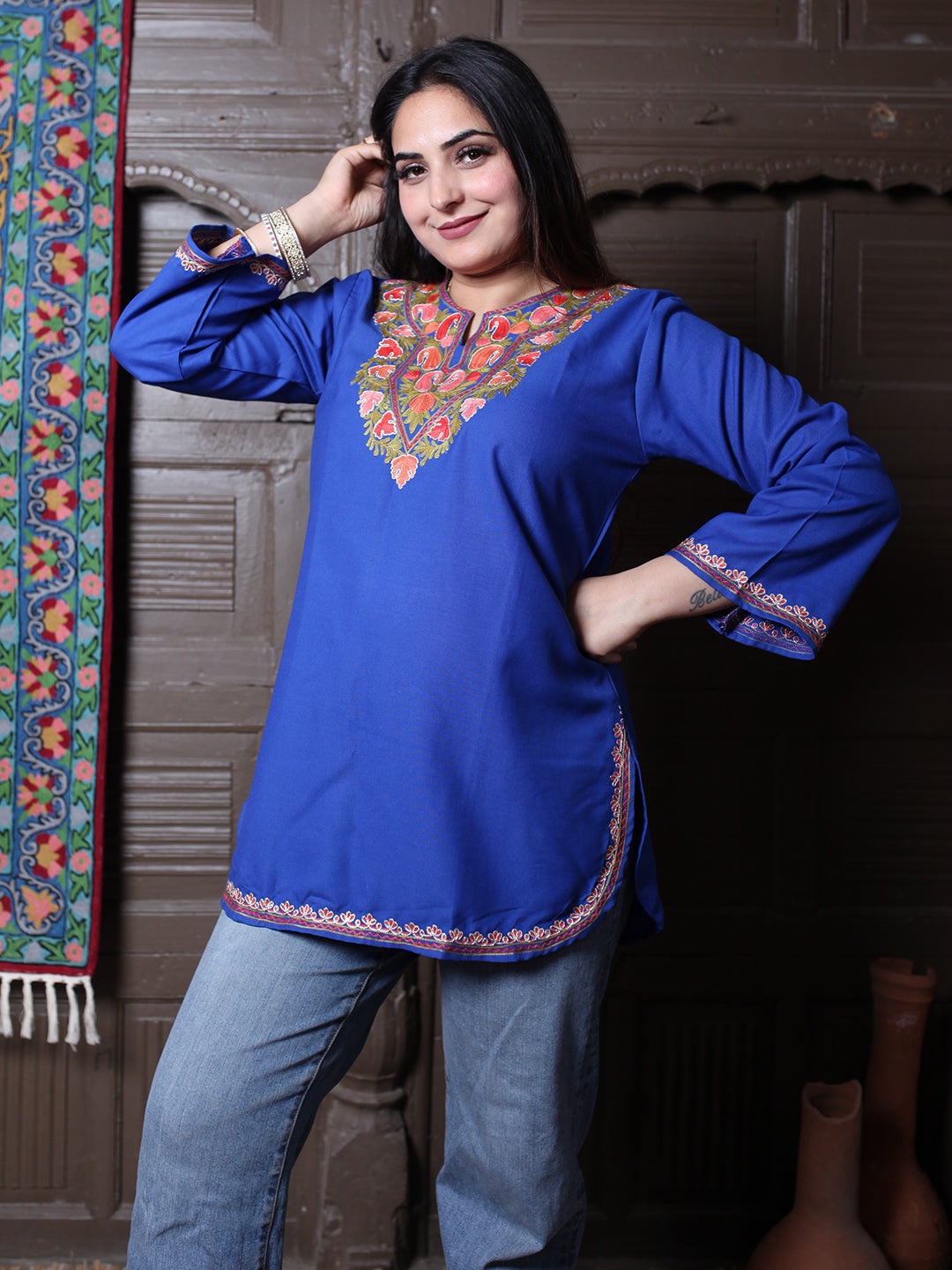 Royal Blue Paisley Aari Embroidered Kashmiri Silk Top