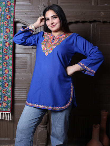 Royal Blue Paisley Aari Embroidered Kashmiri Silk Top