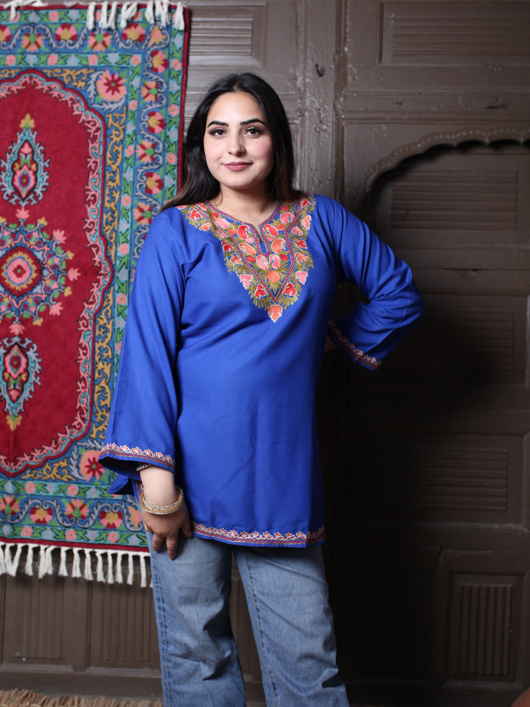 Royal Blue Paisley Aari Embroidered Kashmiri Silk Top