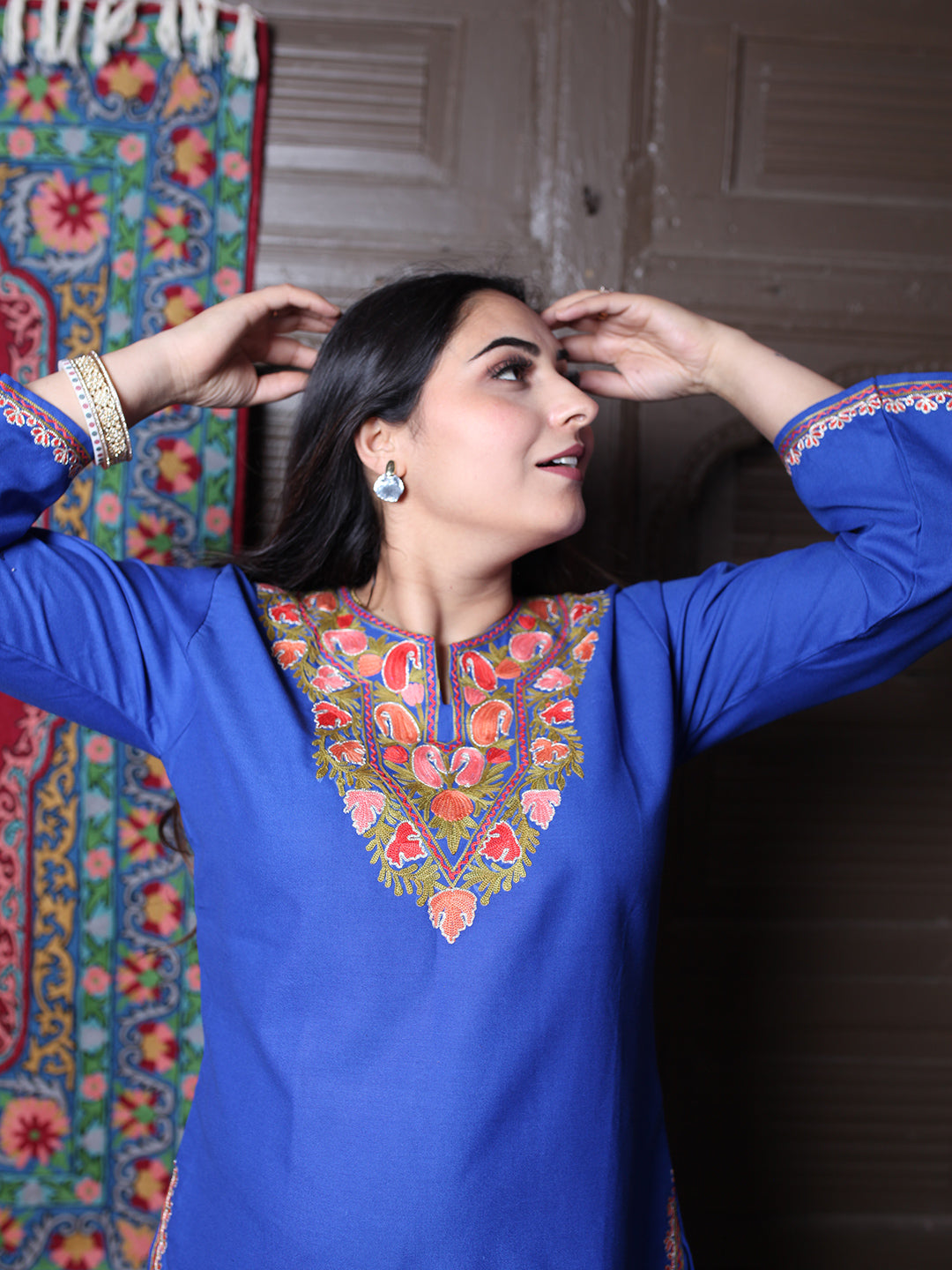 Royal Blue Paisley Aari Embroidered Kashmiri Silk Top