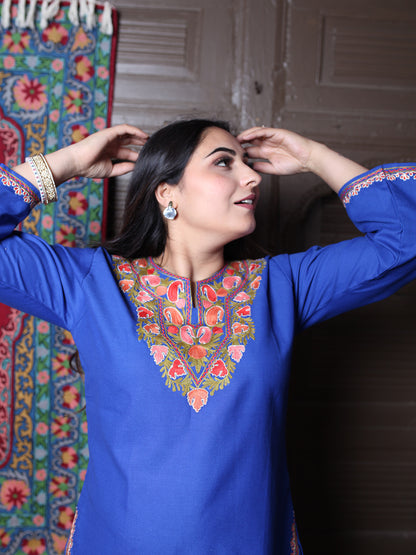 Royal Blue Paisley Aari Embroidered Kashmiri Silk Top