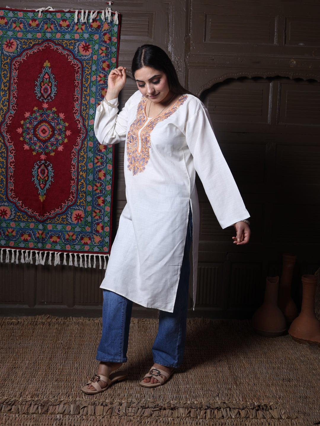 Off White Aari Embroidered Kashmiri Cotton Long Kurti