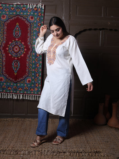 Off White Aari Embroidered Kashmiri Cotton Long Kurti