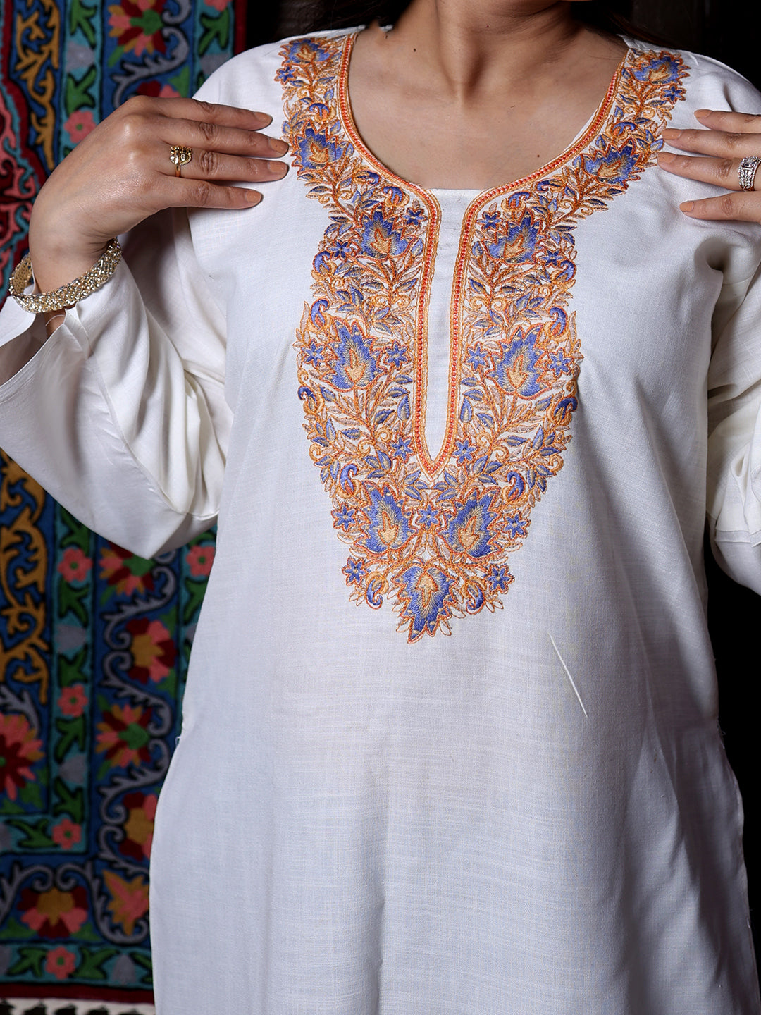 Off White Aari Embroidered Kashmiri Cotton Long Kurti