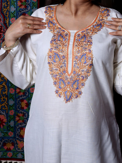 Off White Aari Embroidered Kashmiri Cotton Long Kurti