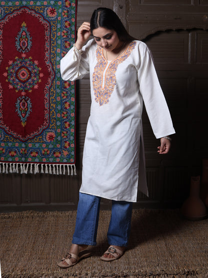Off White Aari Embroidered Kashmiri Cotton Long Kurti