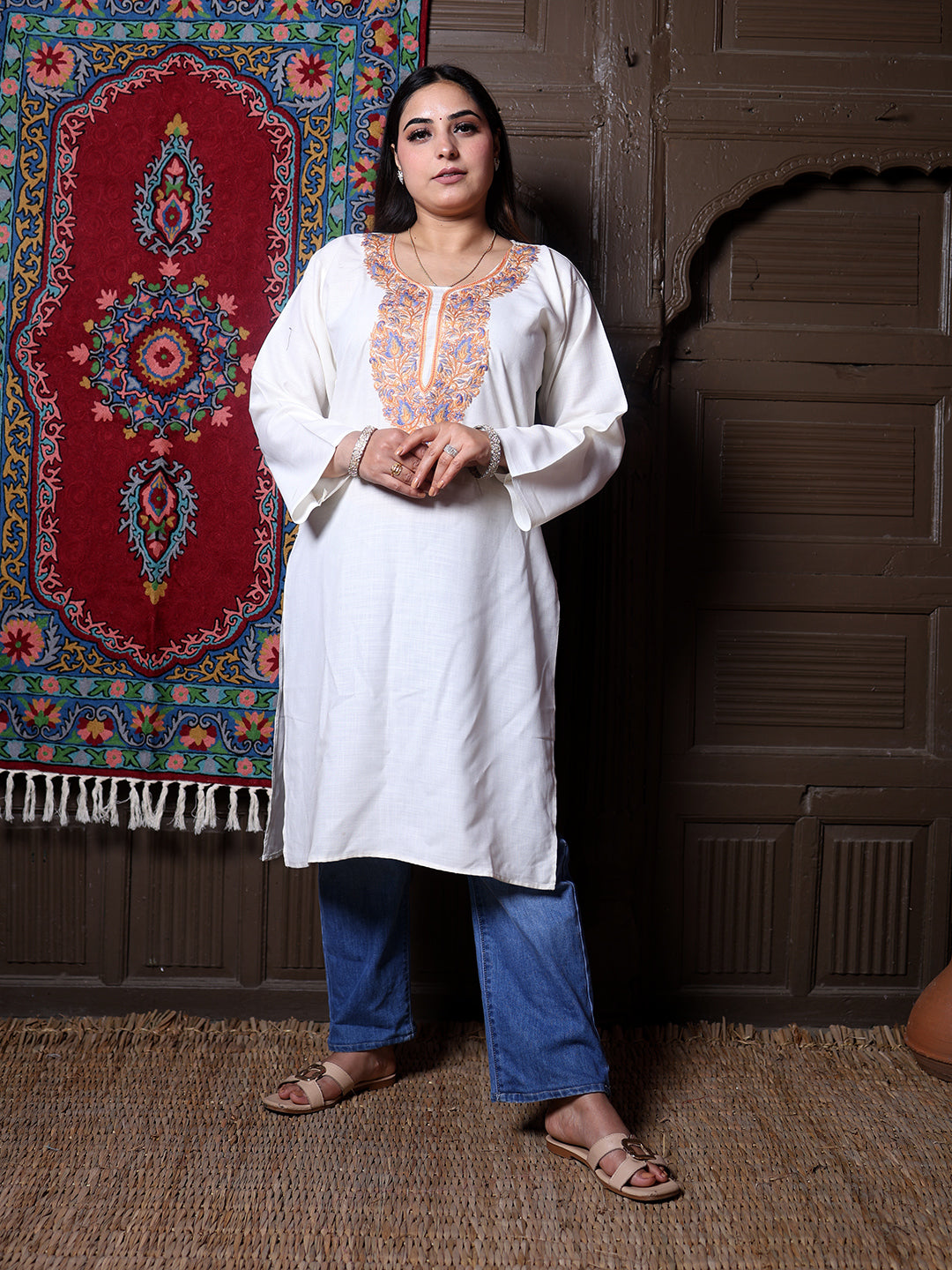 Off White Aari Embroidered Kashmiri Cotton Long Kurti