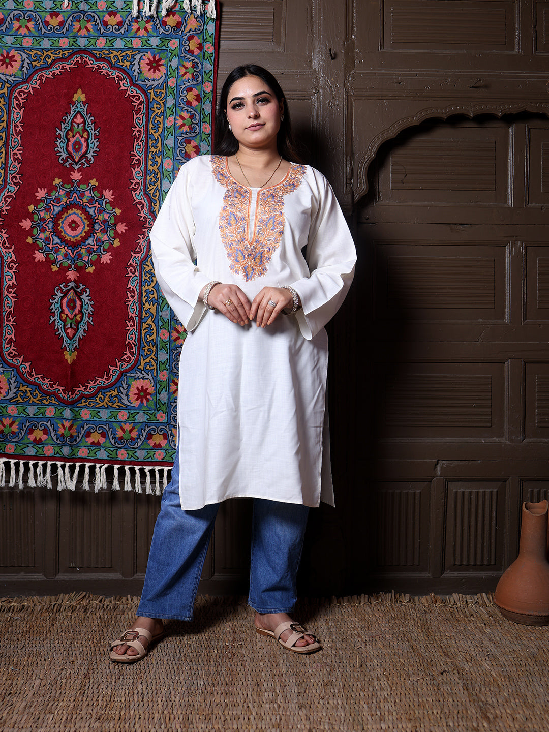 Off White Aari Embroidered Kashmiri Cotton Long Kurti
