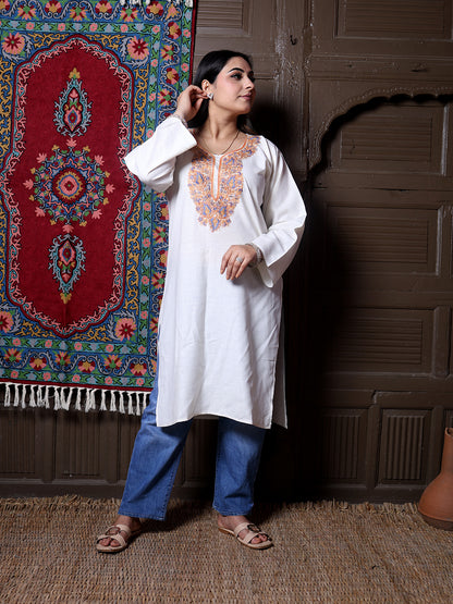 Off White Aari Embroidered Kashmiri Cotton Long Kurti