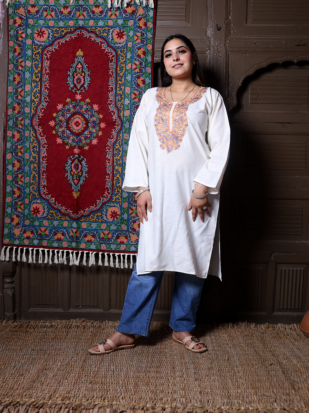 Off White Aari Embroidered Kashmiri Cotton Long Kurti