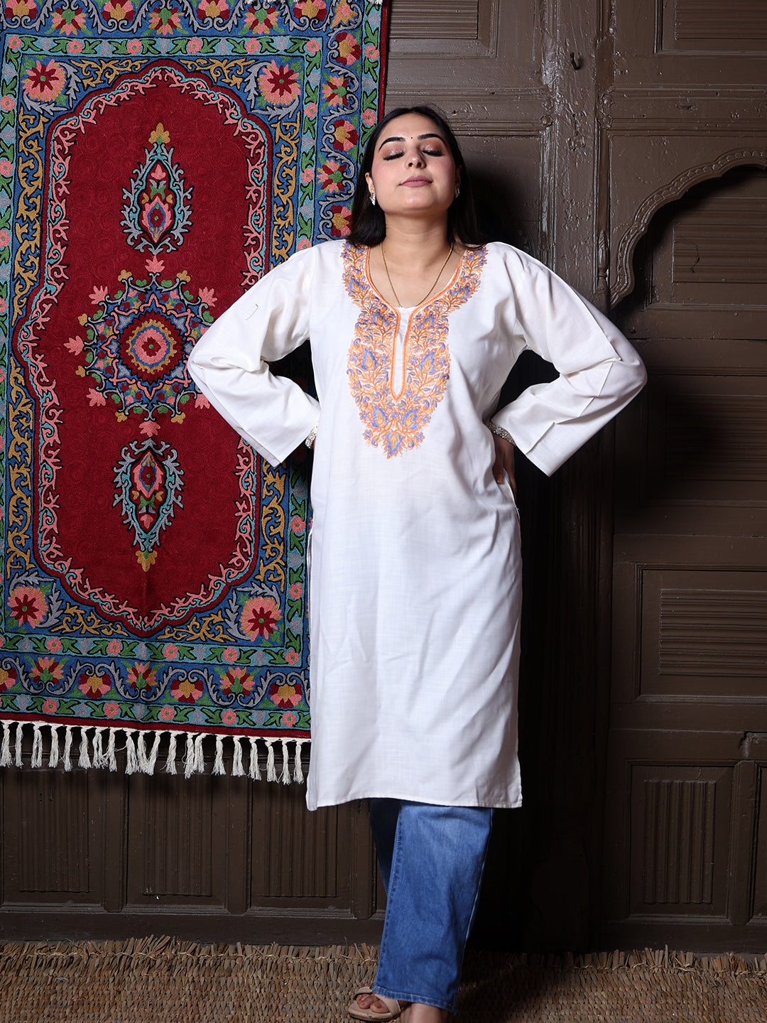 Off White Aari Embroidered Kashmiri Cotton Long Kurti