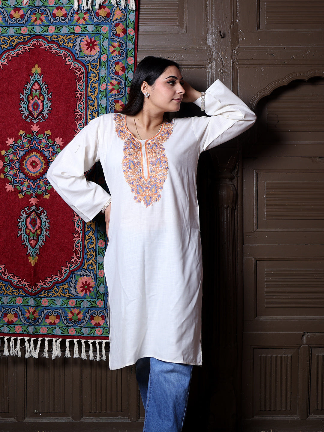 Off White Aari Embroidered Kashmiri Cotton Long Kurti