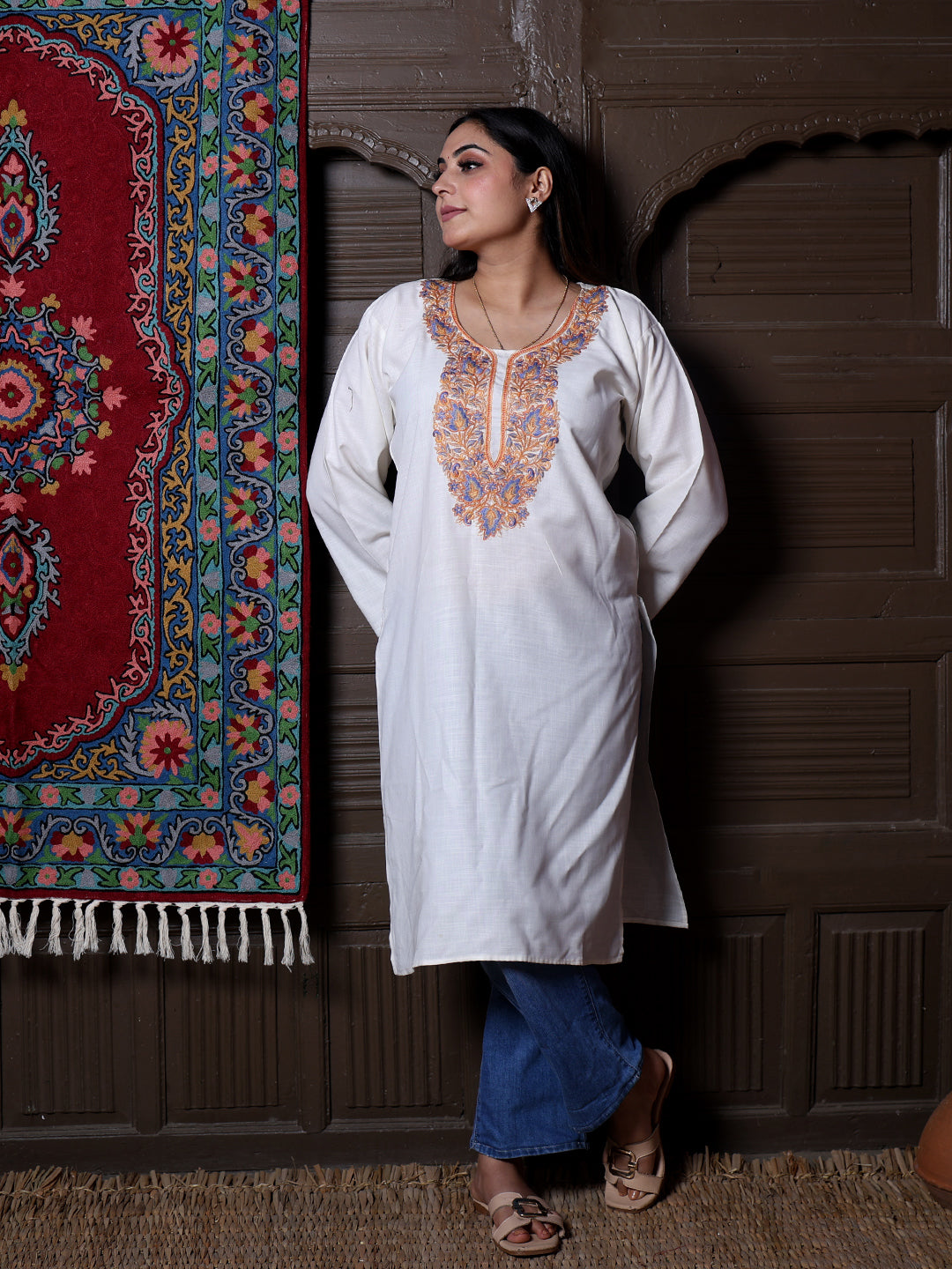 Off White Aari Embroidered Kashmiri Cotton Long Kurti