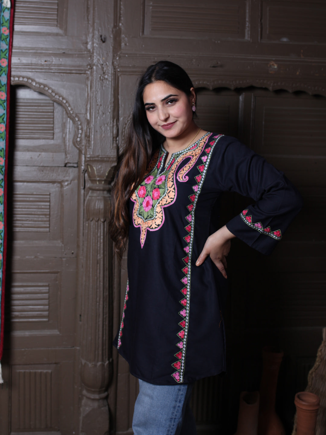 Black Floral Aari Embroidered Kashmiri Cotton Top