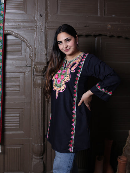 Black Floral Aari Embroidered Kashmiri Cotton Top