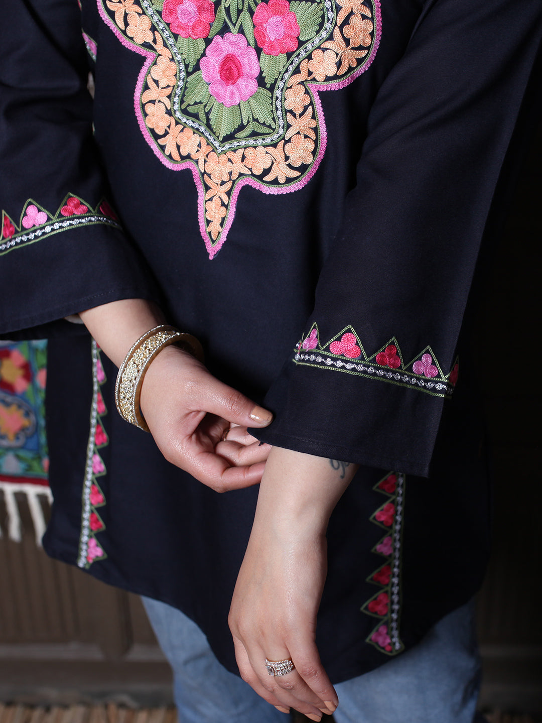 Black Floral Aari Embroidered Kashmiri Cotton Top