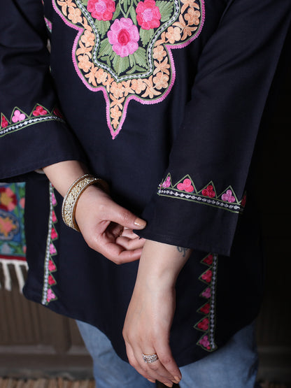 Black Floral Aari Embroidered Kashmiri Cotton Top