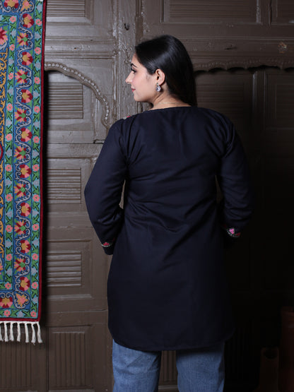 Black Floral Aari Embroidered Kashmiri Cotton Top