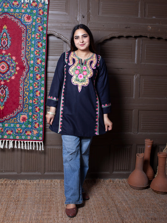 Black Floral Aari Embroidered Kashmiri Cotton Top