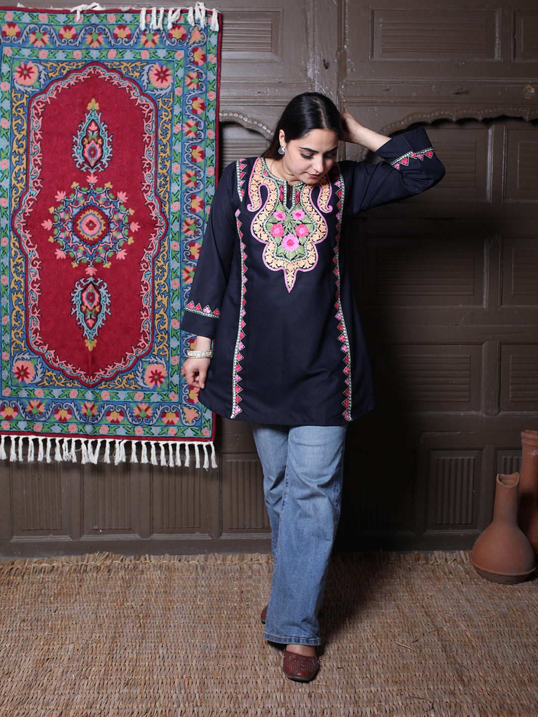 Black Floral Aari Embroidered Kashmiri Cotton Top