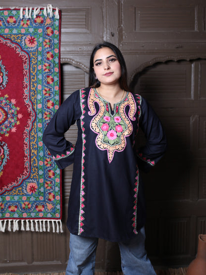 Black Floral Aari Embroidered Kashmiri Cotton Top
