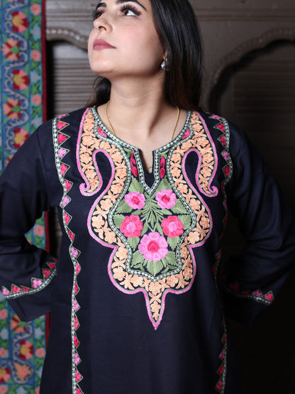 Black Floral Aari Embroidered Kashmiri Cotton Top