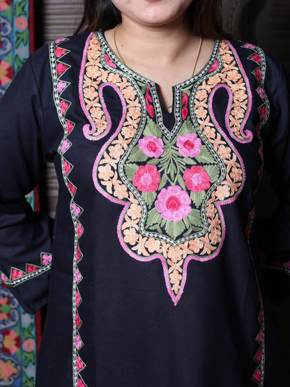 Black Floral Aari Embroidered Kashmiri Cotton Top