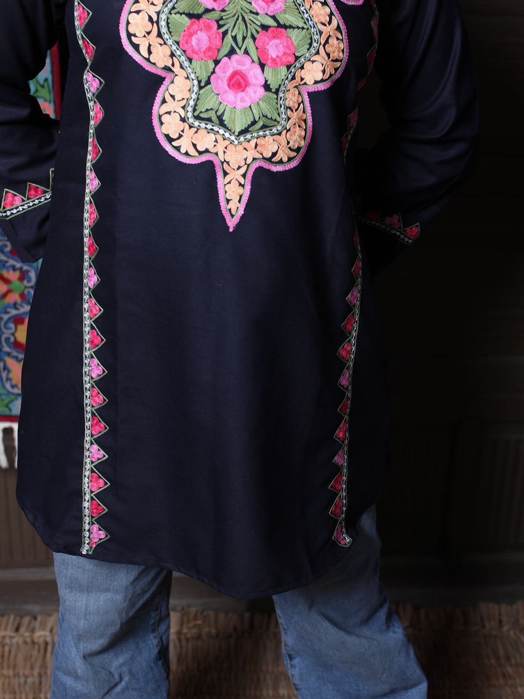 Black Floral Aari Embroidered Kashmiri Cotton Top