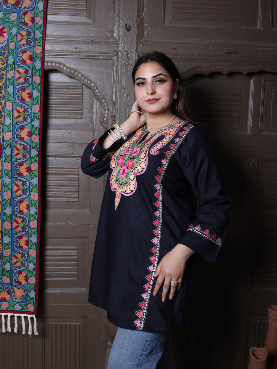 Black Floral Aari Embroidered Kashmiri Cotton Top