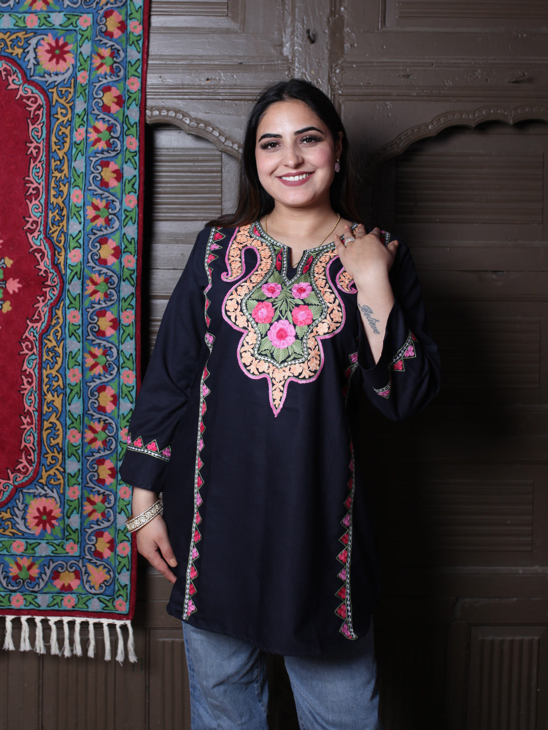 Black Floral Aari Embroidered Kashmiri Cotton Top