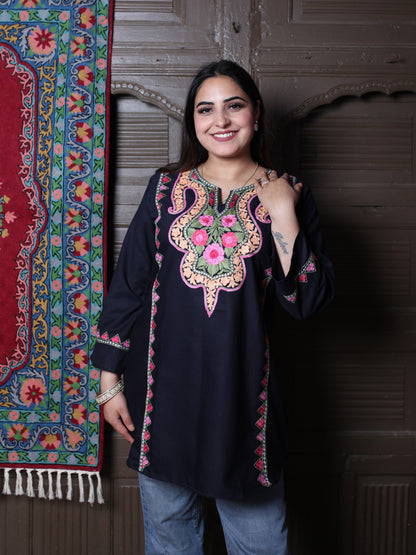Black Floral Aari Embroidered Kashmiri Cotton Top
